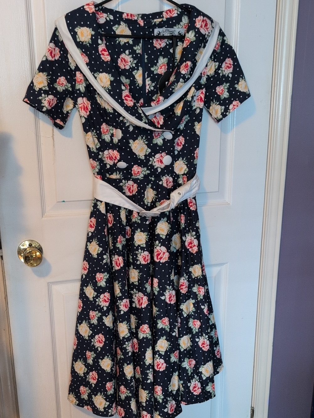 Hell Bunny Navy Floral Midi Dress with Cream Trim